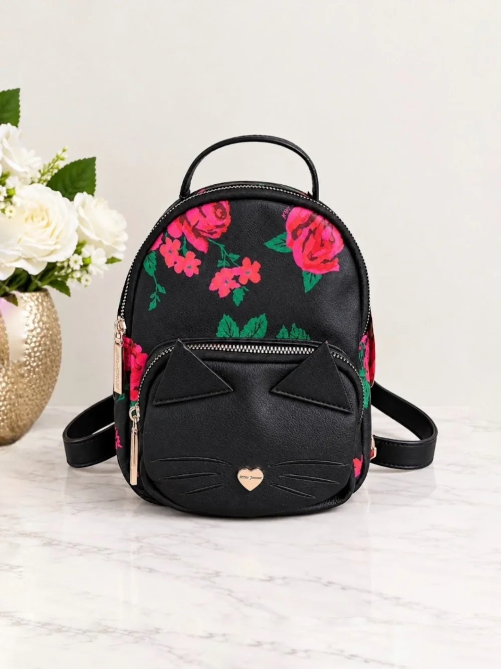 Betsey Johnson Mini Backpack Rose & Black Cat Face NWT